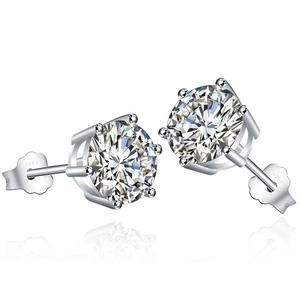 Classic S925 sterling silver six-prong cubic zirconia stud earrings with clear reflections