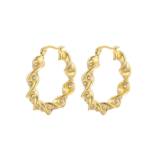 Twisted gold stainless steel hoop earrings with sparkling cubic zirconia inlay