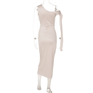 Rear view of beige one-shoulder bodycon dress with elegant draping ribbon detail