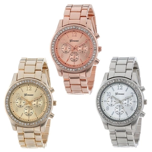 Business quartz watches for men with rhinestone bezel and metal link bands in three colors