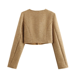 Flat lay of gold tweed cropped jacket with shimmering texture and collarless design