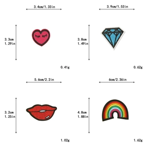 Detail showing heart, diamond, lips, and rainbow embroidered patches with size dimensions
