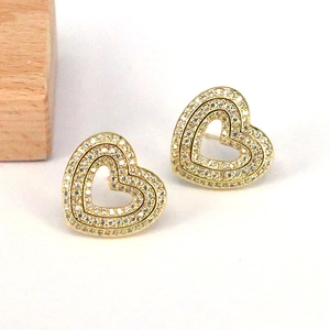 Heart Stud Earrings Gold Plated Copper Micro Pave Zircon Hollow Double Layer Retro Hip Hop Luxury Jewelry For Women