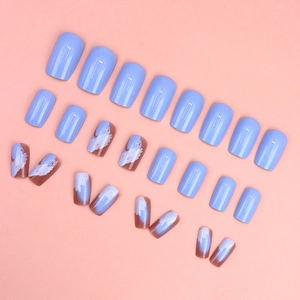 Blue graffiti marble nail set with gold accents in short square shape for women