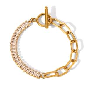 Elegant gold OT buckle bracelet with rectangular cubic zirconia and paperclip link chain