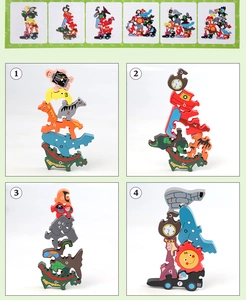 Detail of wooden animal alphabet balancing blocks showing four stacking puzzle modes