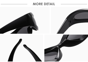 Detailed views of wide-leg Y2K sunglasses hinges, nose pads, and sleek black frame temples