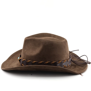 Detail of dark brown suede cowboy hat featuring braided leather band and turquoise bead