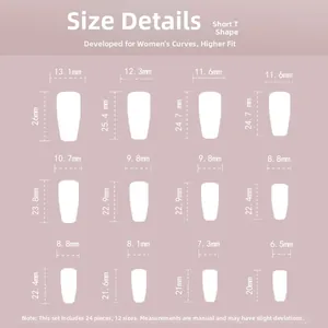Size chart for matte black press-on nails detailing 12 different sizes and dimensions