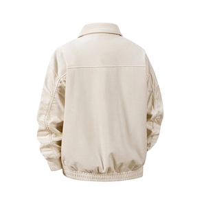 Rear view of cream PU leather bomber jacket showing shoulder yoke and ribbed hem