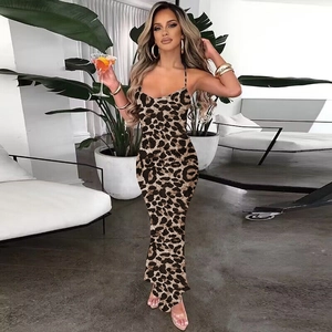 Sexy Maxikleid mit Leopardenmuster, rückenfrei, mit Spaghettiträgern und schmaler Passform