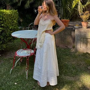 Lace camisole in beige and white maxi skirt set for elegant outdoor summer vacation style