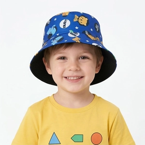 Detail of blue kids bucket hat featuring cartoon lions and koalas for summer sun protection