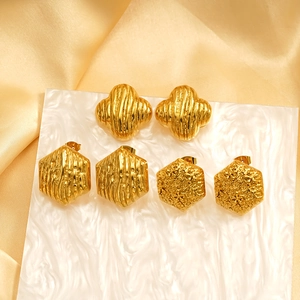 Retro style 18K gold stainless steel earrings featuring clover and hexagonal designs