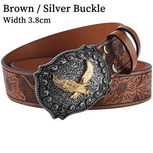 Detail of 3.8cm western cowboy belt with bull head buckle and floral embossed leather