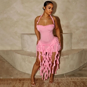 Damen Halfter Ausschnitt Rüschen Minikleid Rückenfrei Körperbetont Gestuft Sexy Party Clubwear Polyester Elasthan