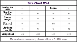 Detailed size chart for satin lapel shirt showing shoulder, sleeve and chest measurements