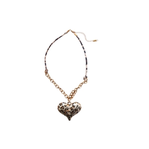 Vintage leopard heart pendant necklace with gold metal chain and leather cord cord