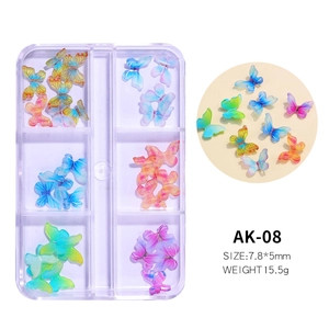 Detail of 3D gradient resin butterfly nail charms in a 6-grid storage container