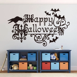 Happy Halloween Wall Sticker PVC Waterproof Black Silhouette Bat Crow Letter Decal For Party Home Decor Living Room