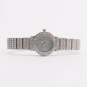 Elegant silver quartz watch for women fully iced out with sparkling crystals in a chain link