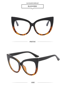 Detail view of cat eye glasses in black demi showing front and side profile on white background