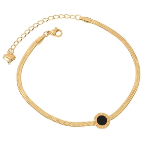 Gold roman numeral disc herringbone anklet with heart pendant and black inlay for women