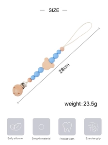 Infant pacifier clip dimensions: 28cm length, 23.5g weight with safe silicone and wood beads