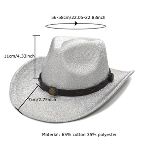 Chapeau de cowboy à paillettes argentées avec sangle brune, détails de taille inclus