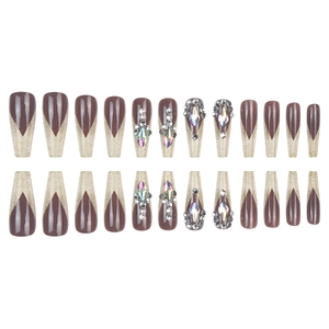 Dark style long coffin press-on nails with glitter champagne gold and 3D rhinestones