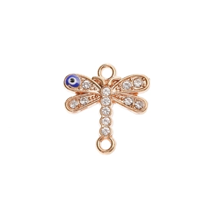 Golden dragonfly connector with sparkling rhinestones and blue evil eye detail