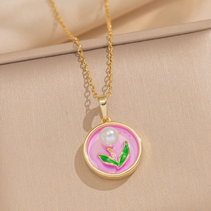 French vintage style gold necklace with pink enamel flower pendant and pearl inlay