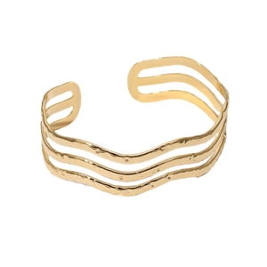 Minimalist wavy triple-layered gold plated stainless steel open bangle on white background