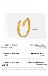Detail view of adjustable gold-plated stainless steel hammered ring showing size and weight