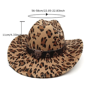 Leopard print western cowboy hat with tiger head buckle, 56-58cm felt fedora for travel