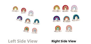Detailed close-up of handmade woven rainbow tassel charms in macaron colors from side angles
