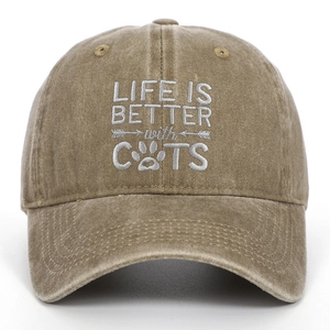 Detail of LIFE IS BETTER WITH CATS embroidery on vintage washed cotton baseball cap