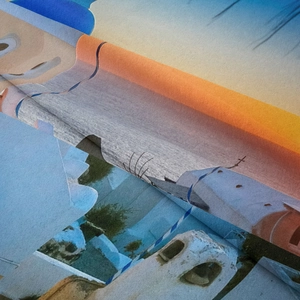 Close-up of microfiber fabric texture with Santorini blue dome sunset art print
