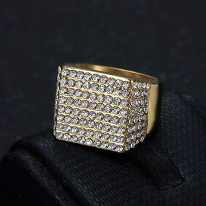 Hip-hop gold plated stainless steel square signet ring with micro-paved cubic zirconia