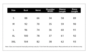 Detailed size chart for vintage lantern sleeve dress with bust and waist measurements