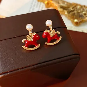 Rocking Horse Stud Earrings With 925 Sterling Silver Earring Post Imitation Artificial Pearl Red Enamel Vintage Cute Jewelry For Women