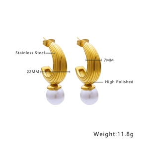 Detailed specs of high polished stainless steel gold earrings with white pearls