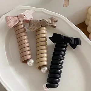 Lot de 3 élastiques à cheveux en cordon de téléphone avec nœuds et perles élégants