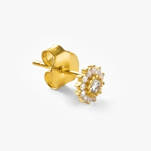 Macro shot of gold plated sunflower stud earrings with shimmering clear cubic zirconia