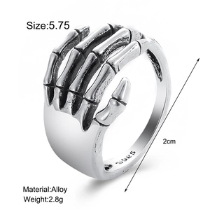 Detail view of gothic skeleton hand ring in retro silver with size and weight specs