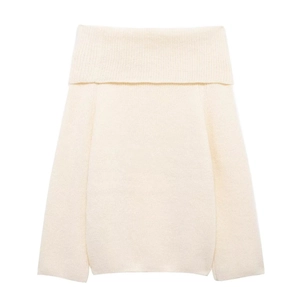 Detail view of the fine texture on this cream off-the-shoulder knitted sweater for women