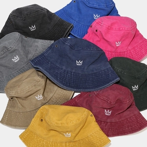 Vintage washed cotton bucket hats with crown embroidery in nine assorted colors