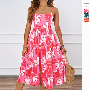 Damen Spaghetti Träger Midi Kleid Blumenmuster Gestuft Quadratischer Ausschnitt Hohe Taille Polyester Sommer Urlaub