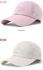 Detail of embroidered letters on quick-dry breathable sun caps in pink and beige