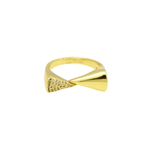 Detailed view of a gold geometric triangle ring with sparkling cubic zirconia accents